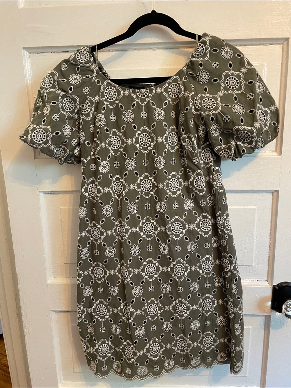 Talbots Olive Green Eyelet Puff-Sleeve Eyelet Midi Dress